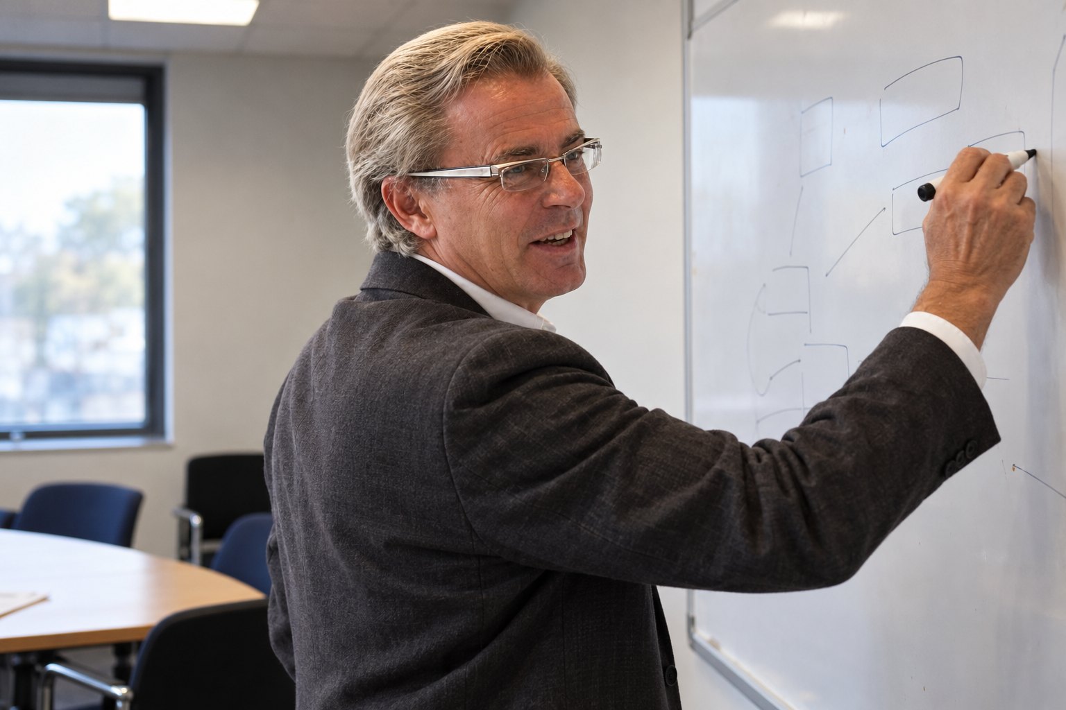 Pat Mazza working at a whiteboard in an illustrative workshop scene