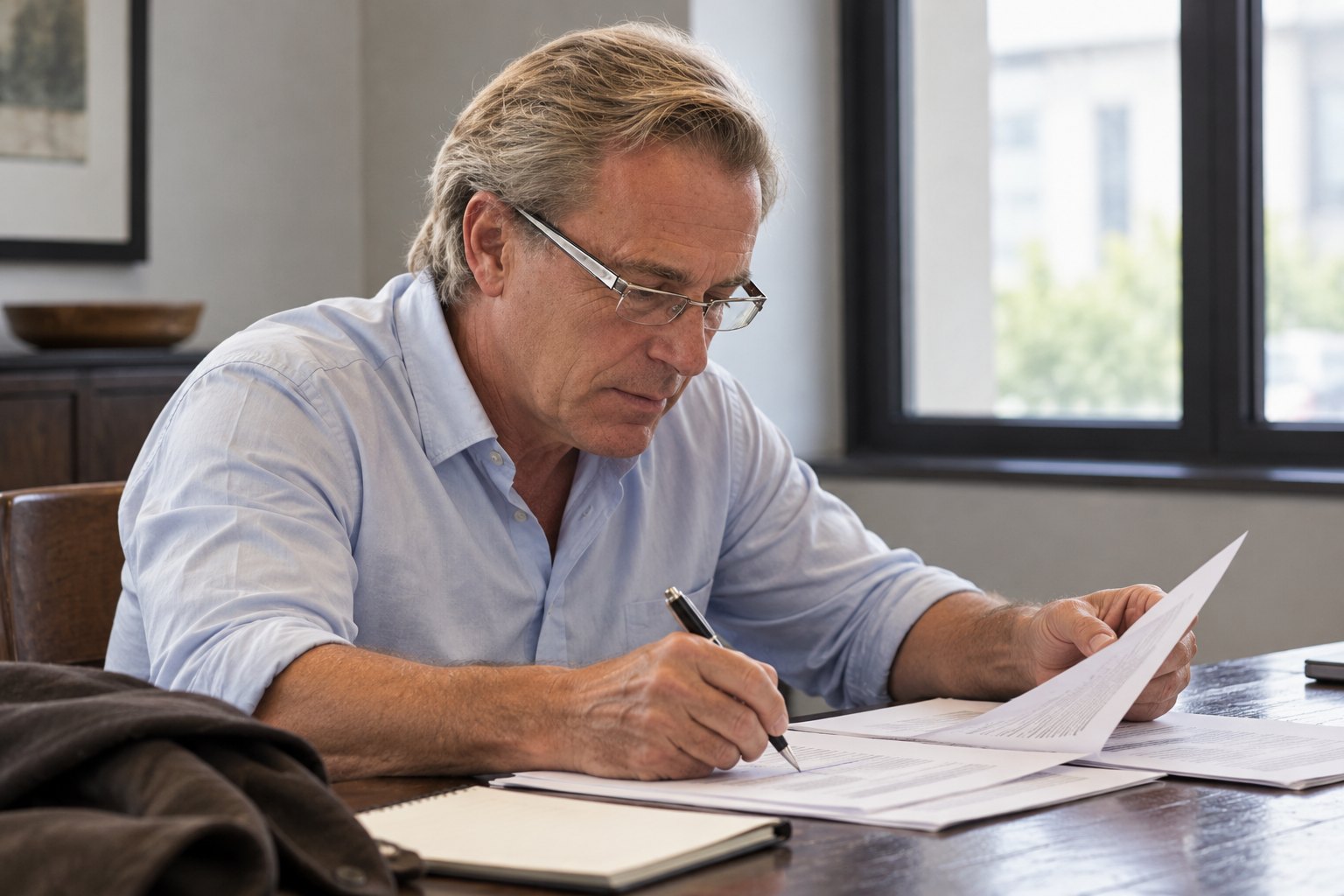 Patrick Mazza reviewing papers and making notes in an illustrative working scene